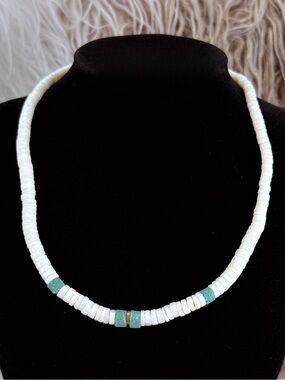 White Disc Bead Necklace Green Accent Barrel Clasp Minimalist Layering Boho